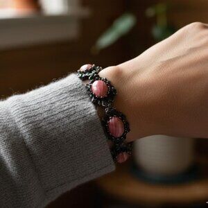 Vintage Sterling Silver Rhodochrosite Pink Stone 5-Link Floral Bracelet 925